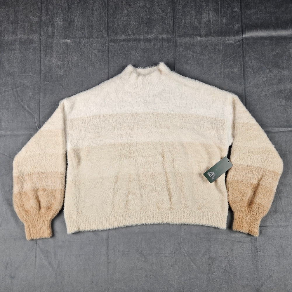 Wild Fable Fuzzy Eyelash Knit Ombre Mock Neck Sweater Cream Tan Beige Large